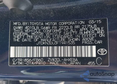 2015 Toyota Prius Three from USA, damaged, VIN JTDKN3DU3F1941535